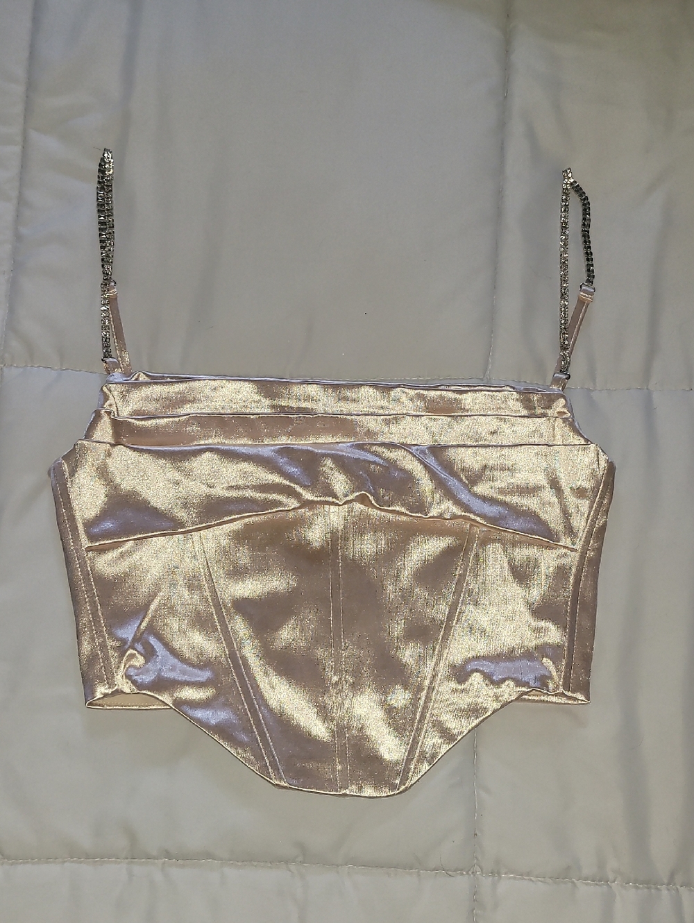 Metallic Rose Gold Corset Crop Top with Rhinestone Straps